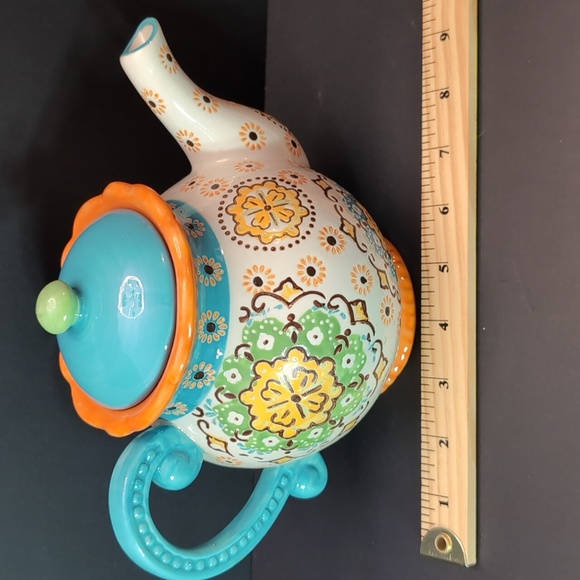 Dutch Wax by Coastline Imports Hand painted Turquoise/Orange Teapot. - Picture 11 of 11